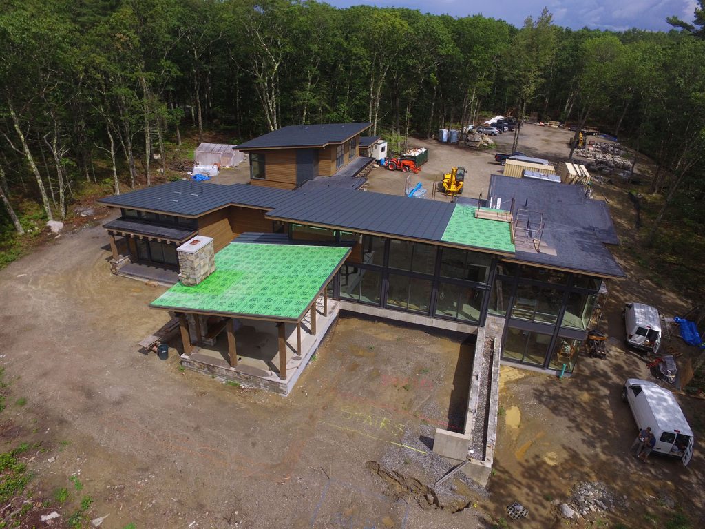 An aerial photo of a construction site at a current project in Woolwich, Maine